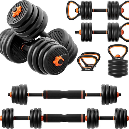 Adjustable Dumbbell Set, 77 Lbs Free Weights Dumbbells, Barbell, Kettlebell and Push-Up, Home Gym Fitness Workout Equipment, Black