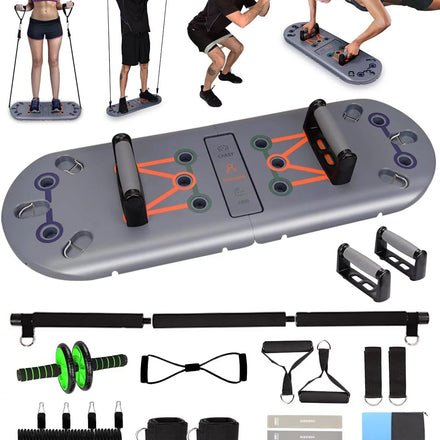 Home Workout Equipment to Help Achieve Fitness Goals, 27-In-1 Portable Gym Exercise Equipment with Compact Push-Up Board, Resistance Bands, Ab Roller Wheel, and Pilates Bar