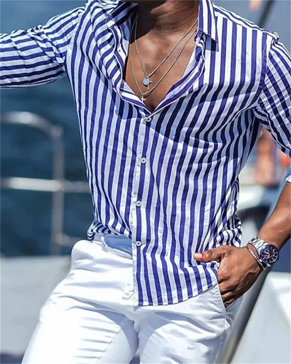 2024 New Men's Long sleeved Blue Stripe Printed Shirt Social Luxury Men's Wear Hawaii Elegant Classic Fashion Solid Color