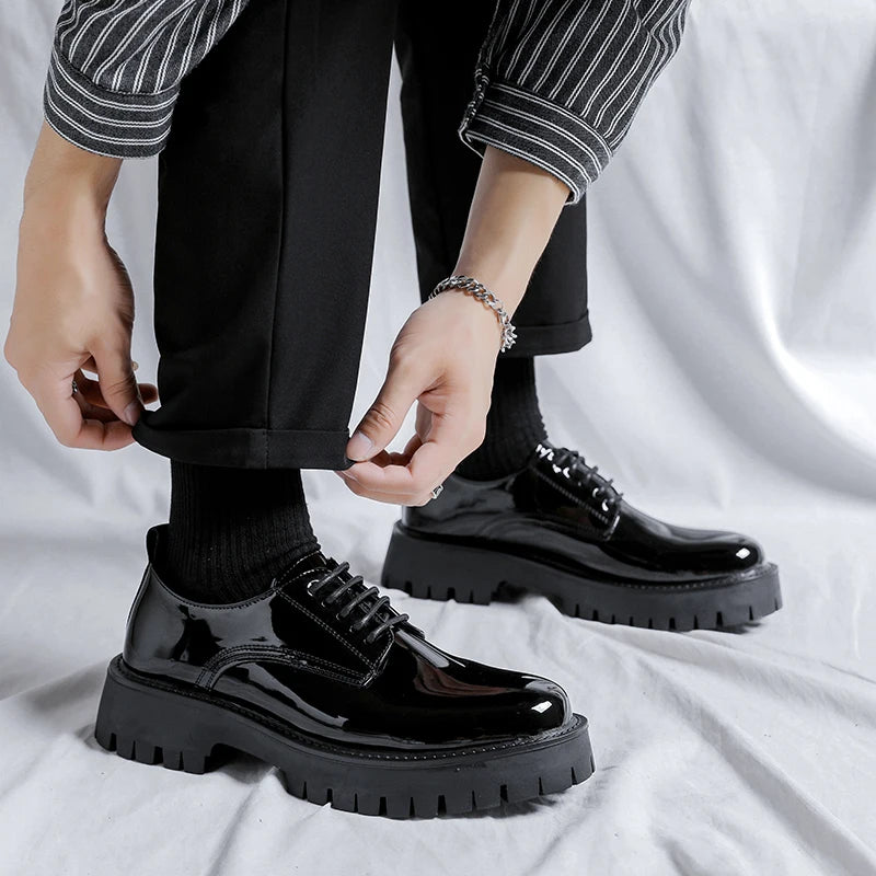 Men Black High Sole Platform Casual Leather Shoes Man Japan Harajuku Korean Streetwear Fashion Business Wedding Leather Shoes