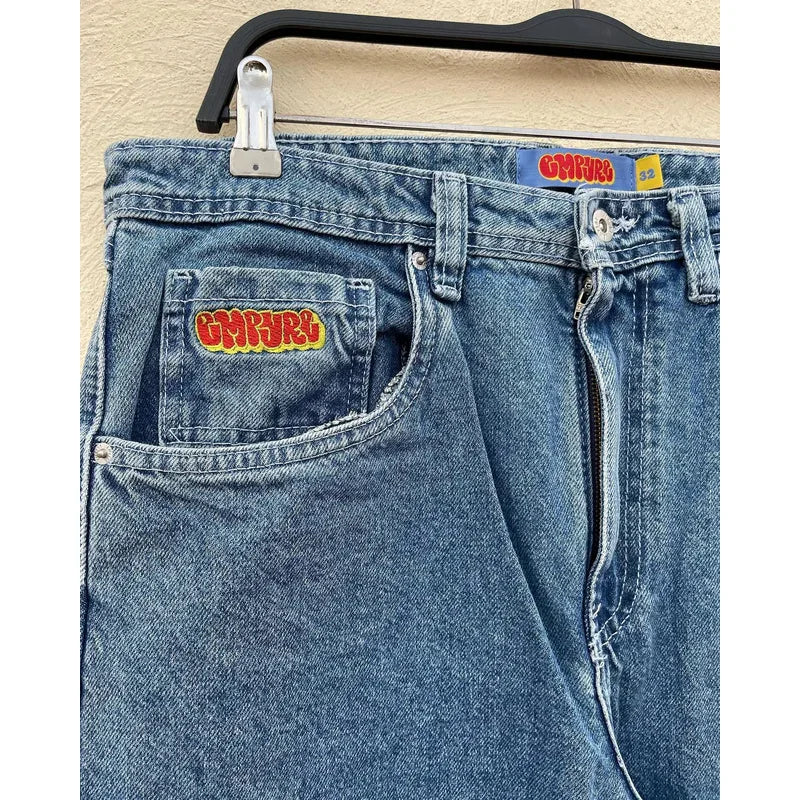 Empyre Jeans Y2K Gothic Hip Hop Cartoon Letter Embroidered Retro Blue Baggy Jeans Mens Womens New High Waist Wide Leg Trouser