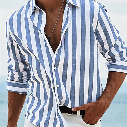 2024 New Men's Long sleeved Blue Stripe Printed Shirt Social Luxury Men's Wear Hawaii Elegant Classic Fashion Solid Color