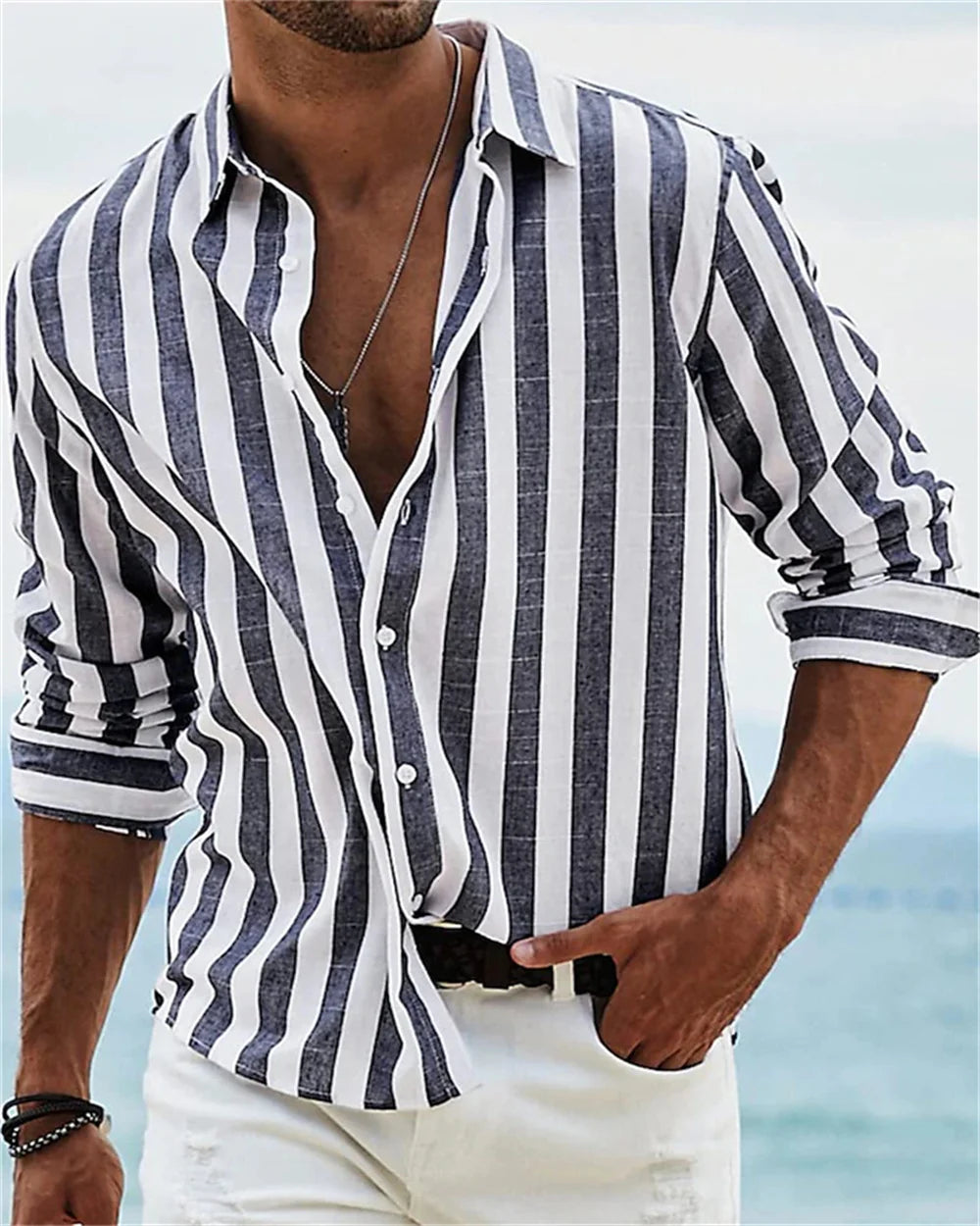 2024 New Men's Long sleeved Blue Stripe Printed Shirt Social Luxury Men's Wear Hawaii Elegant Classic Fashion Solid Color