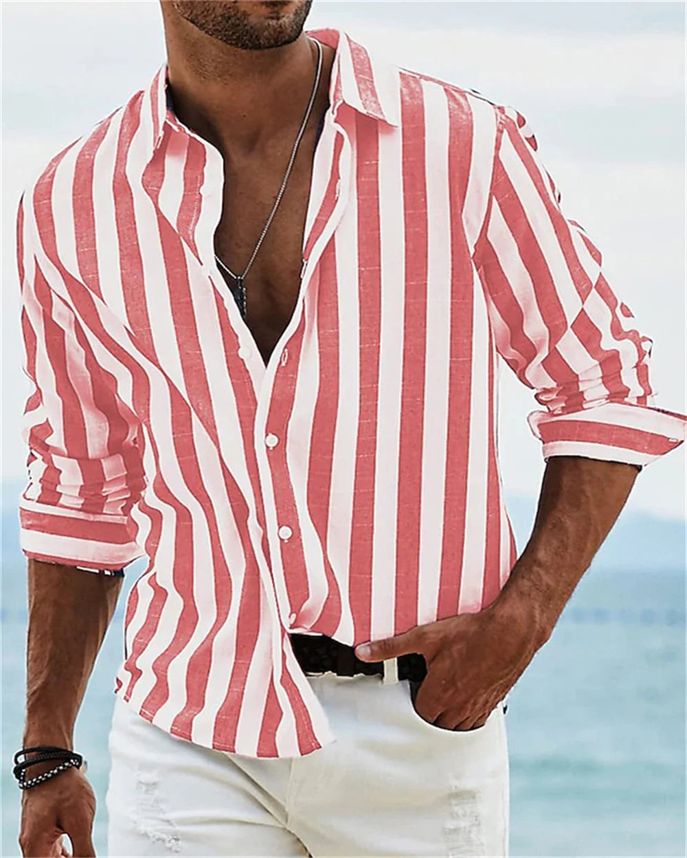 2024 New Men's Long sleeved Blue Stripe Printed Shirt Social Luxury Men's Wear Hawaii Elegant Classic Fashion Solid Color