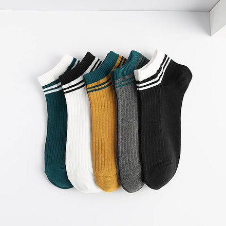 5 Pairs Sports Breathable Low Cut Boat Socks Spring Summer Cotton Striped Sports Korean Preppy Style Men Socks