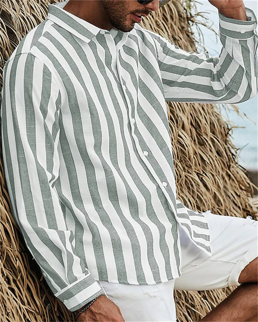 2024 New Men's Long sleeved Blue Stripe Printed Shirt Social Luxury Men's Wear Hawaii Elegant Classic Fashion Solid Color